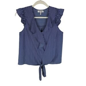 Monteau Blue White Striped Ruffled Tie Front V-Neck Lightweight Blouse Size M